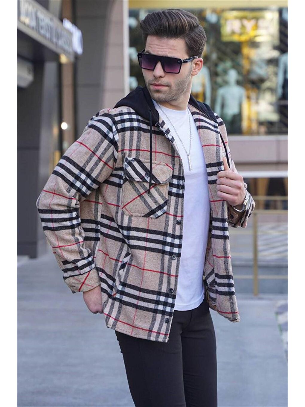 Bej Camel Kapüşonlu Ekoseli Erkek Oduncu Gömlek 5582-2