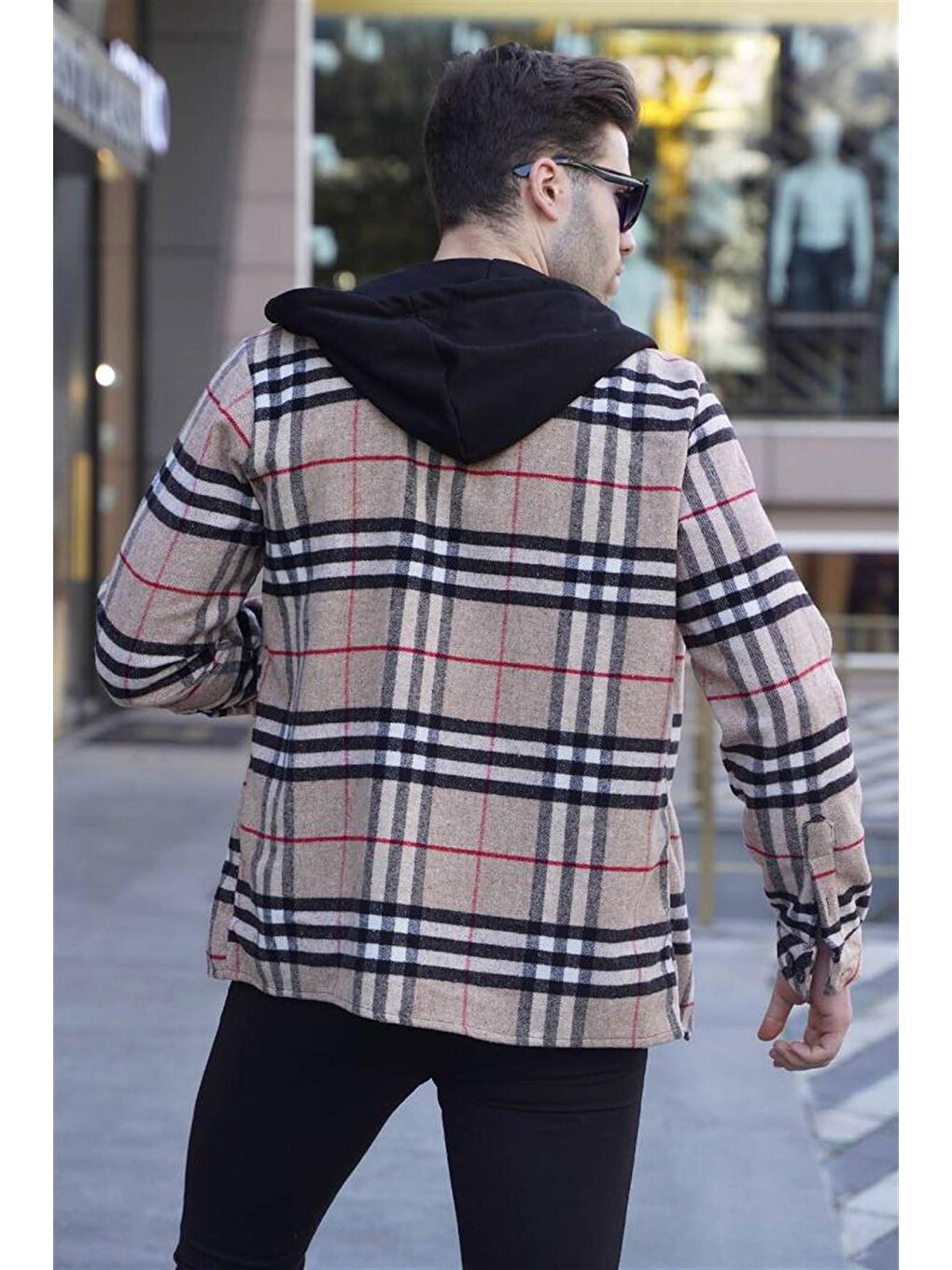 Bej Camel Kapüşonlu Ekoseli Erkek Oduncu Gömlek 5582-3