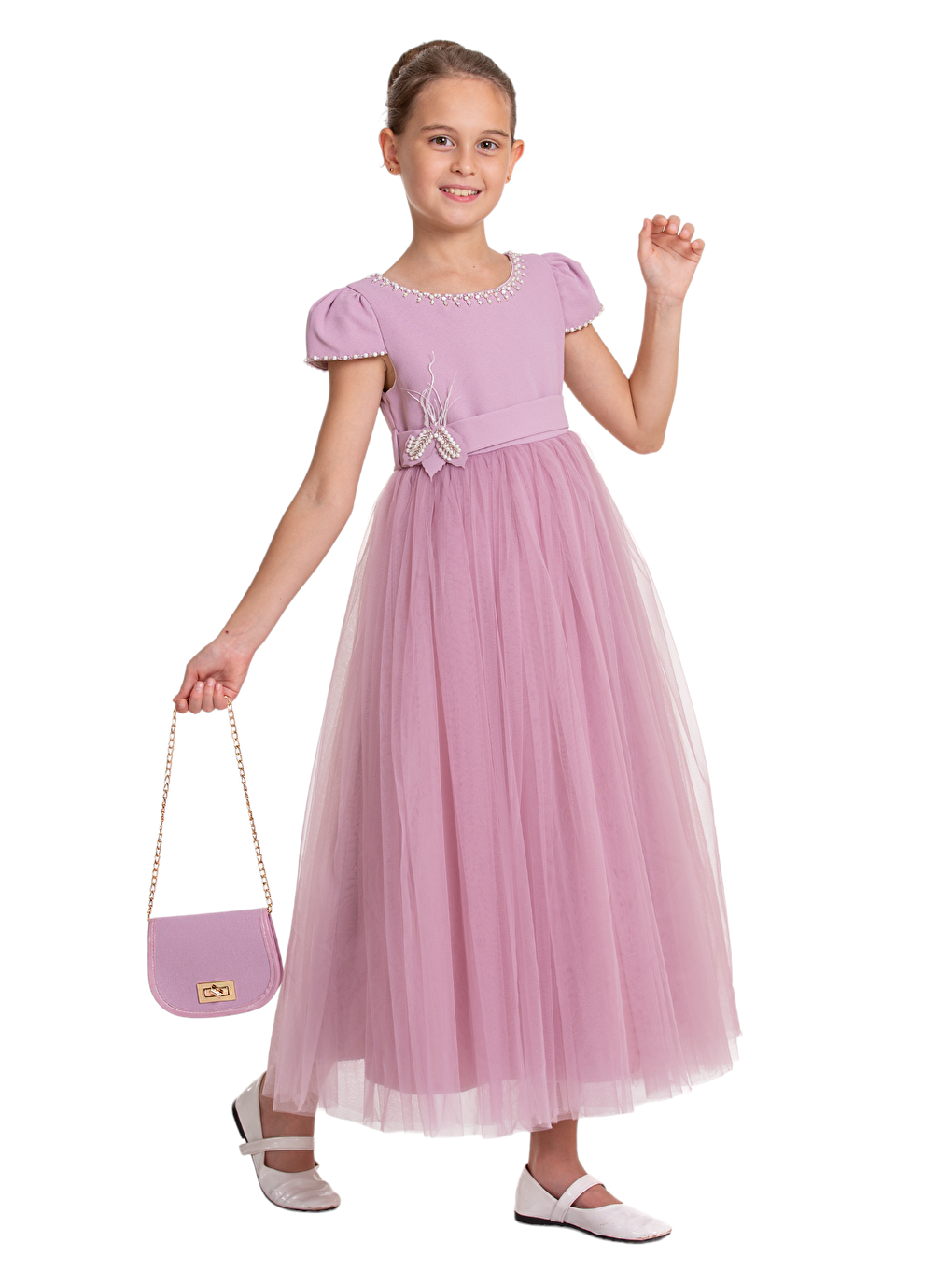 Lila Yakası Ve Kolları Boncuklu Çantalı Abiye