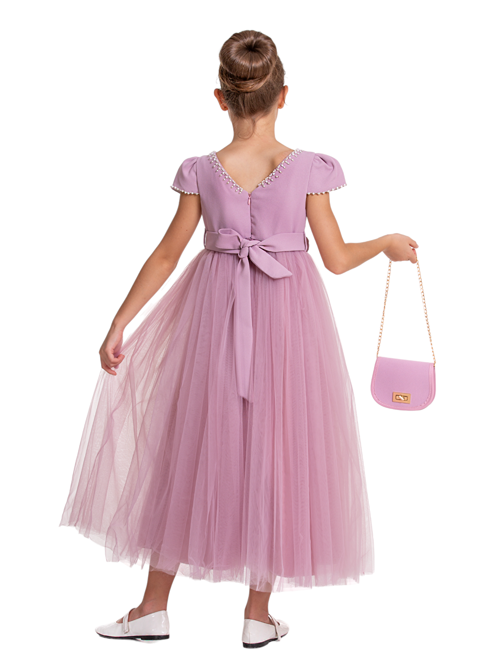 Lila Yakası Ve Kolları Boncuklu Çantalı Abiye-1