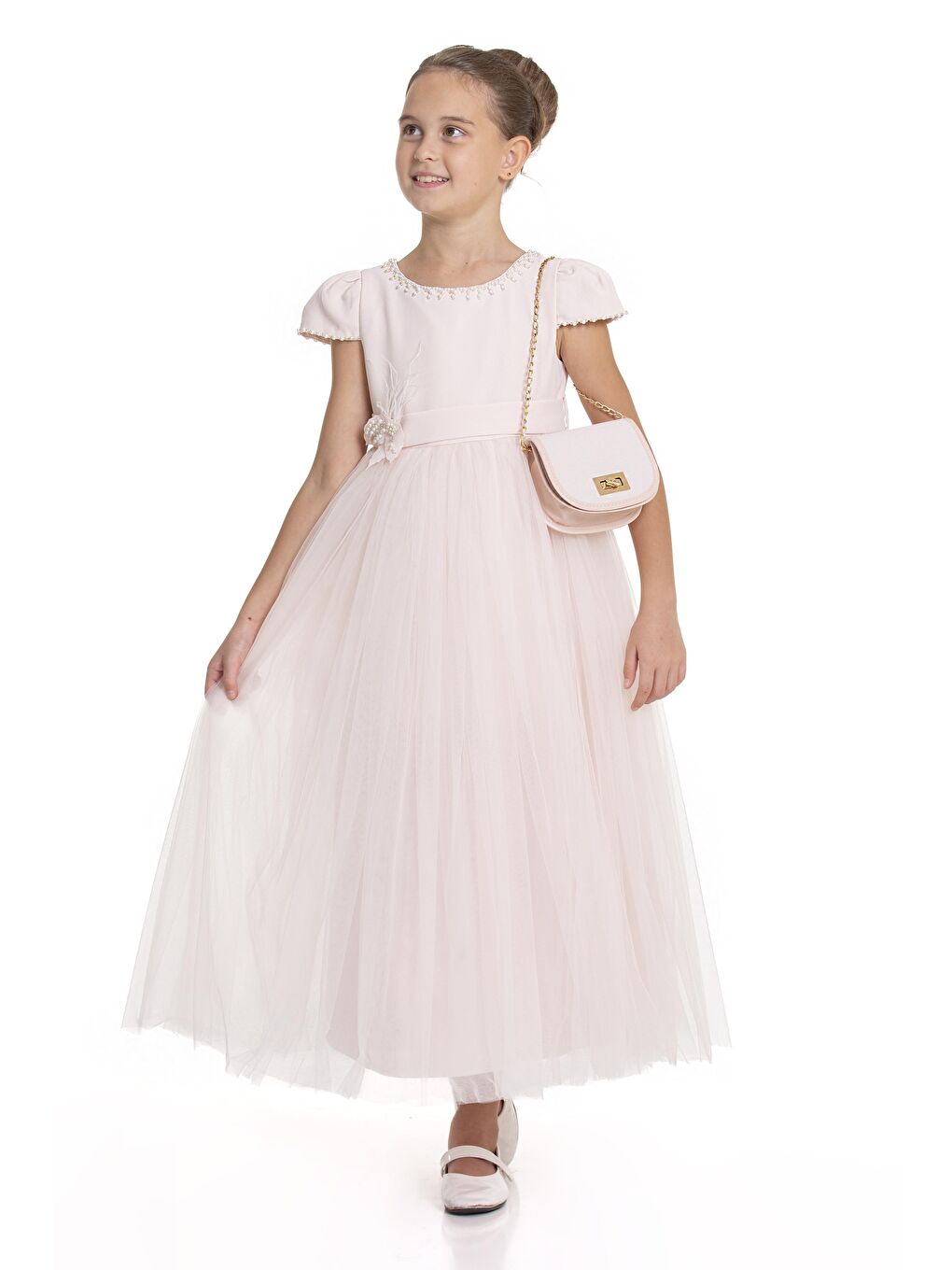 Pembe Yakası Ve Kolları Boncuklu Çantalı Abiye