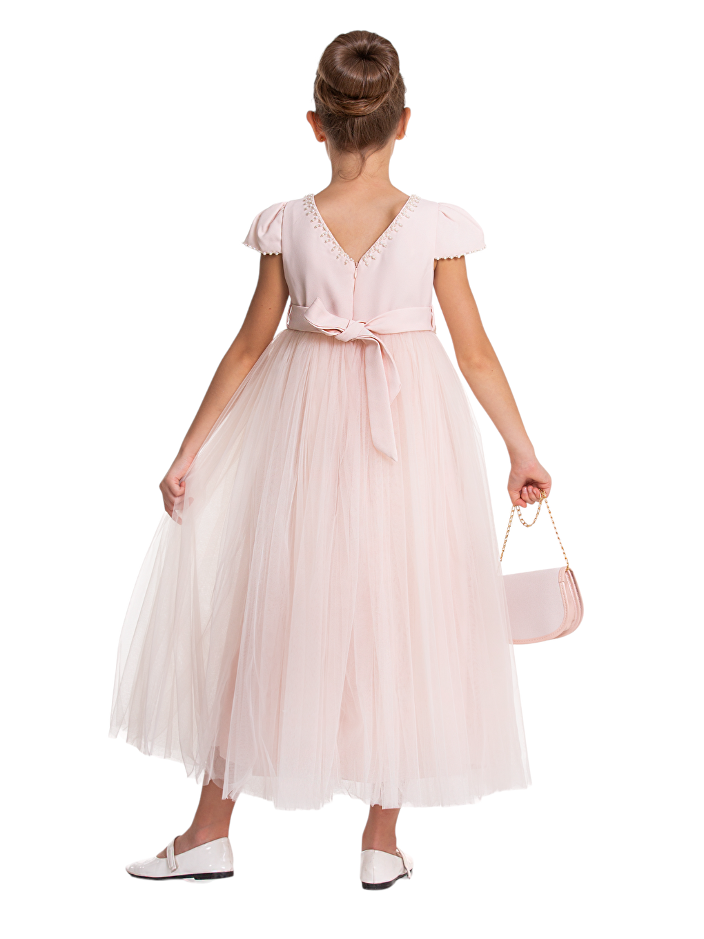 Pembe Yakası Ve Kolları Boncuklu Çantalı Abiye-1