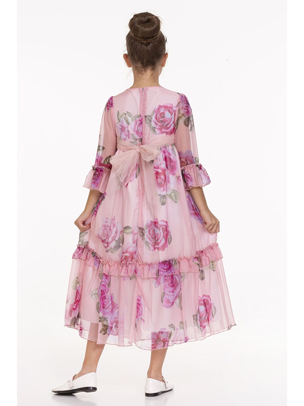 Pembe Gül Desenli Uzun Elbise-1
