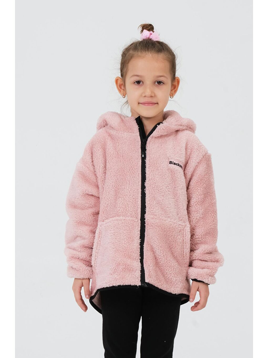 Pembe Nakış Detaylı Peluş Kapüşonlu Kargo Cepli Üst