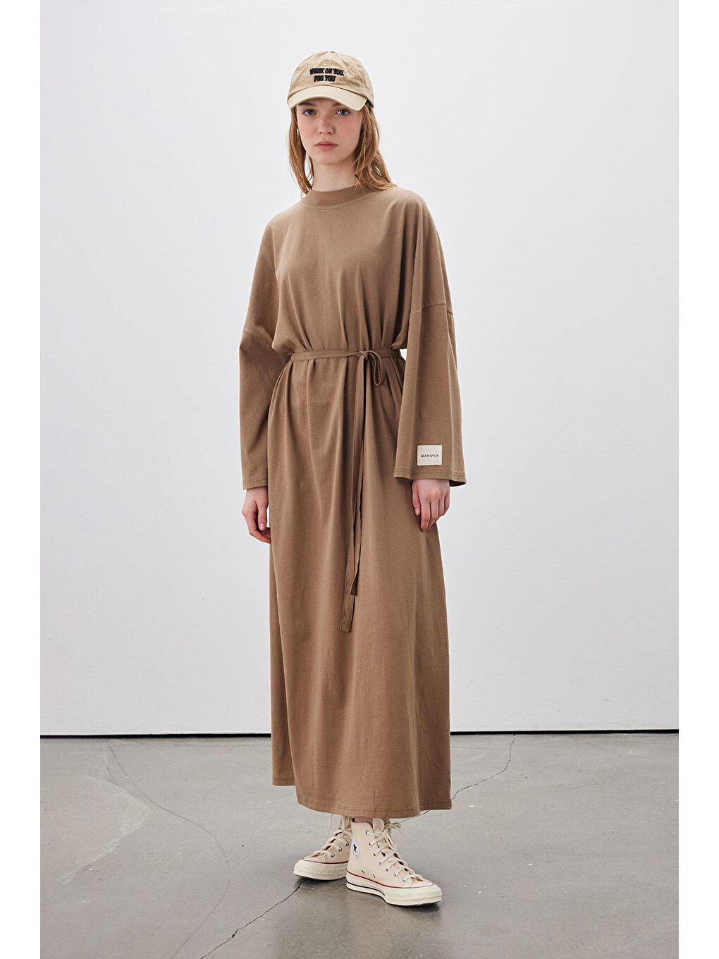 Oversize Uzun Rahat Elbise Kahverengi-2