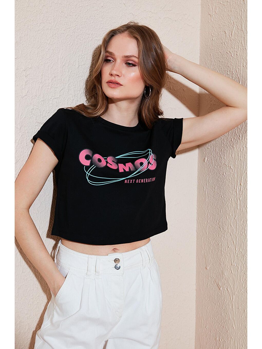 Lela Siyah Baskılı Bisiklet Yaka % 100 Pamuk Crop T Shirt 6001011