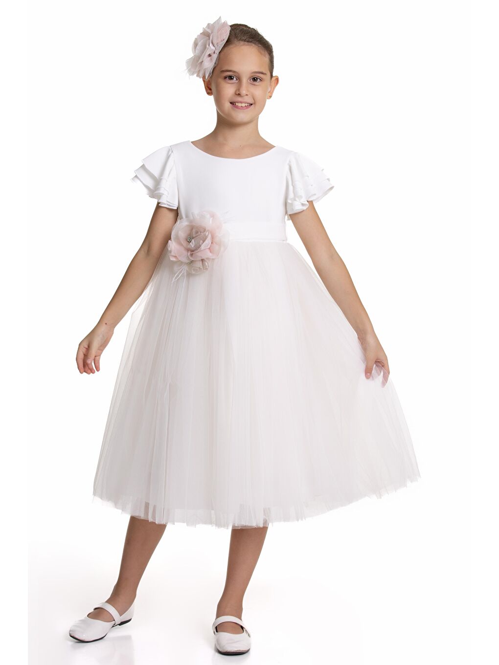 Beyaz Çiçek Taçlı Yarım Kollu Abiye