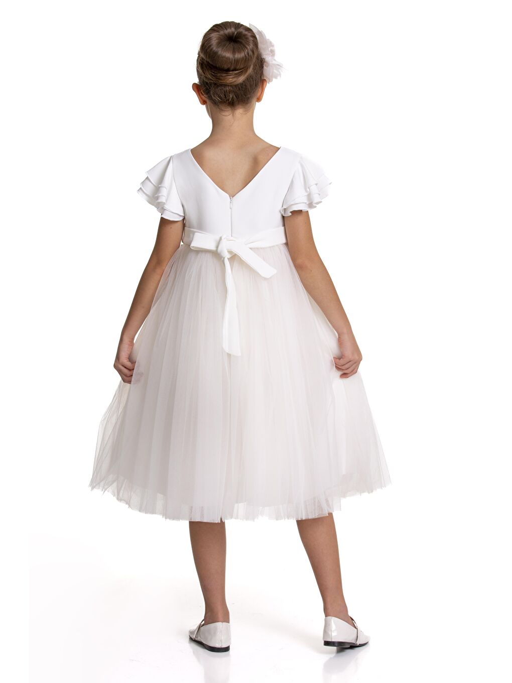 Beyaz Çiçek Taçlı Yarım Kollu Abiye-1