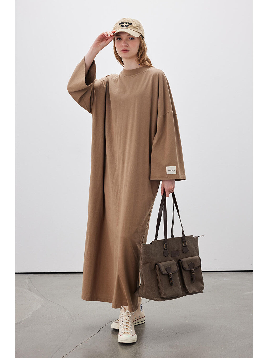 Oversize Uzun Rahat Elbise Kahverengi-4