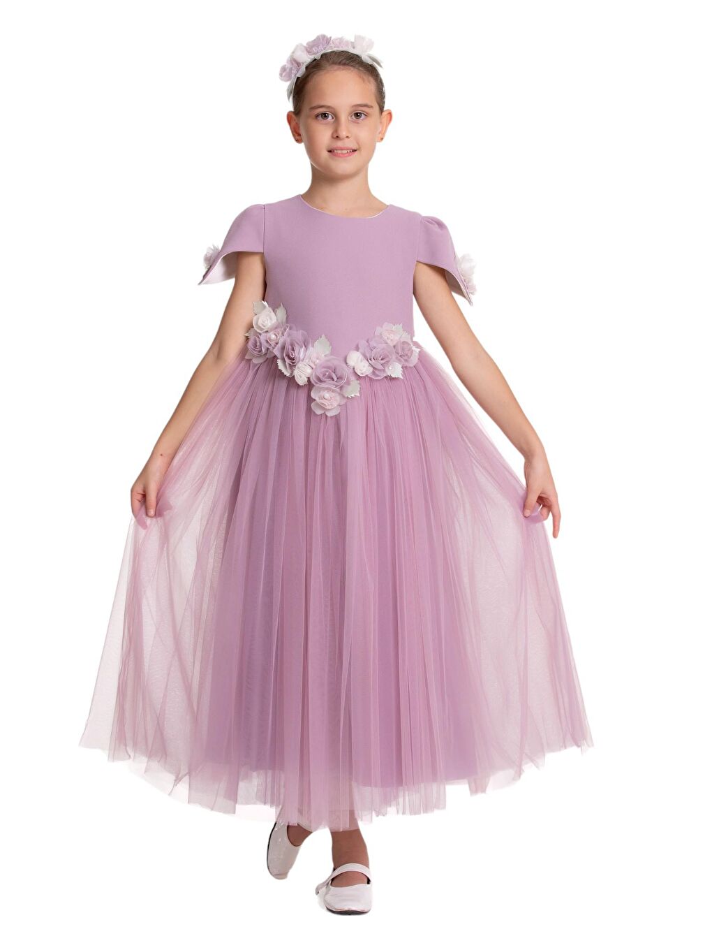 Lila Robası Kolları Çiçekli Abiye