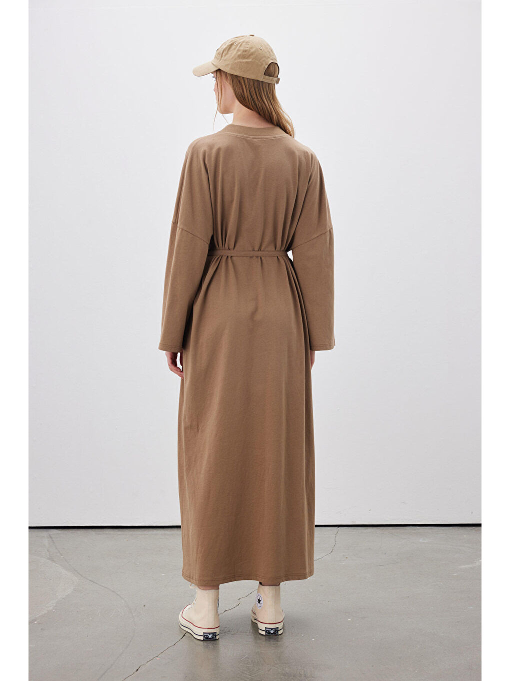 Oversize Uzun Rahat Elbise Kahverengi-5