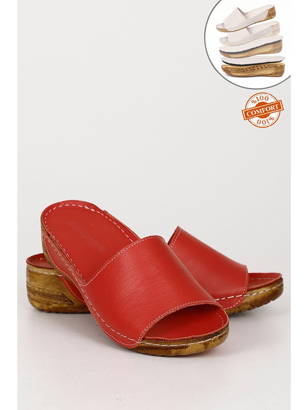Kırmızı Hakiki Deri Dolgu Taban Kadın Terlik 42285