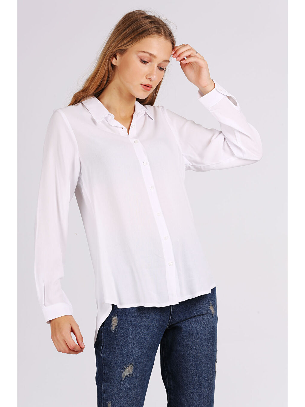 3785 Viskon Gömlek - Beyaz-4