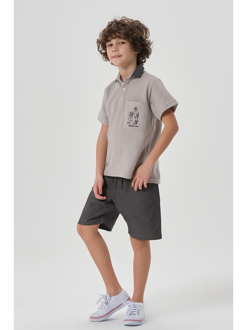 Gri Petek Kumaştan Üst Cep Baskı Detaylı Erkek Çocuk Alt Üst Takım-4