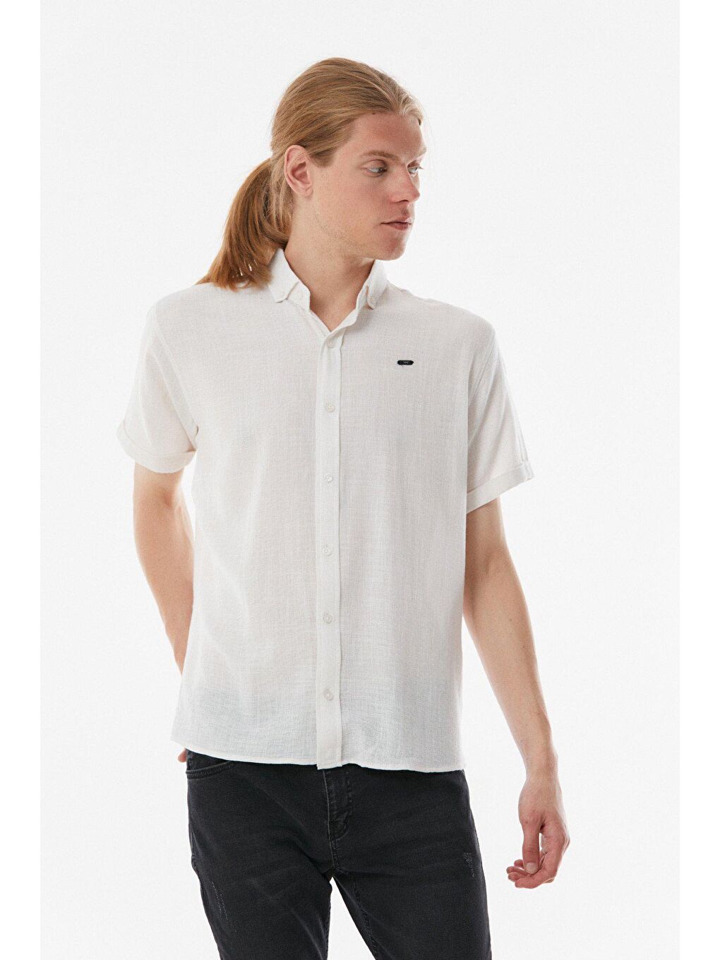 Ekru Waffle Kumaş Kısa Kollu Gömlek