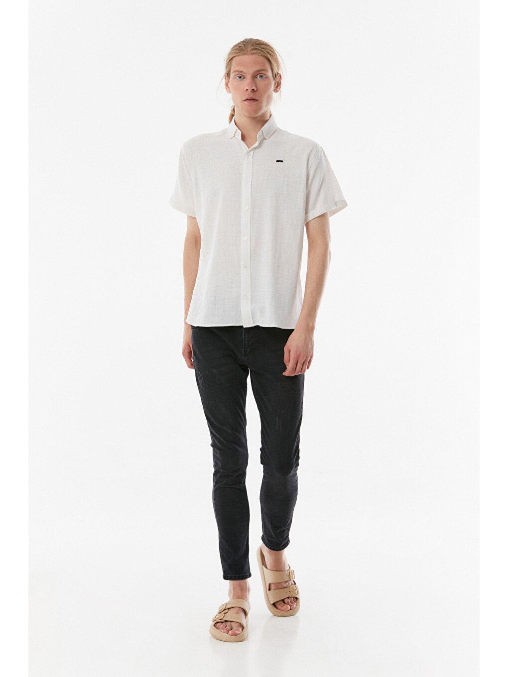 Ekru Waffle Kumaş Kısa Kollu Gömlek-1