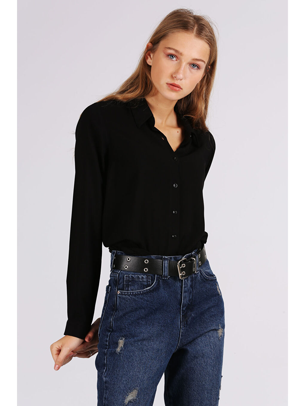 3785 Viskon Gömlek - Siyah-1