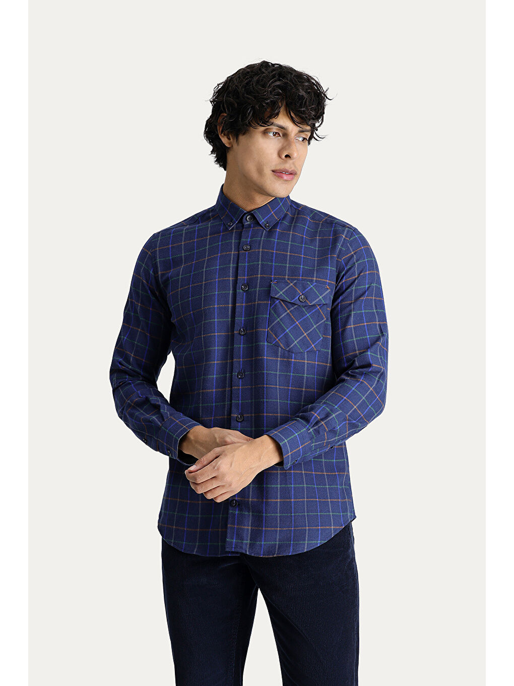 Lacivert Uzun Kol Slim Fit Dar Kesim Ekose Spor Pamuk Düğmeli Yaka %100 Pamuk Gömlek-2