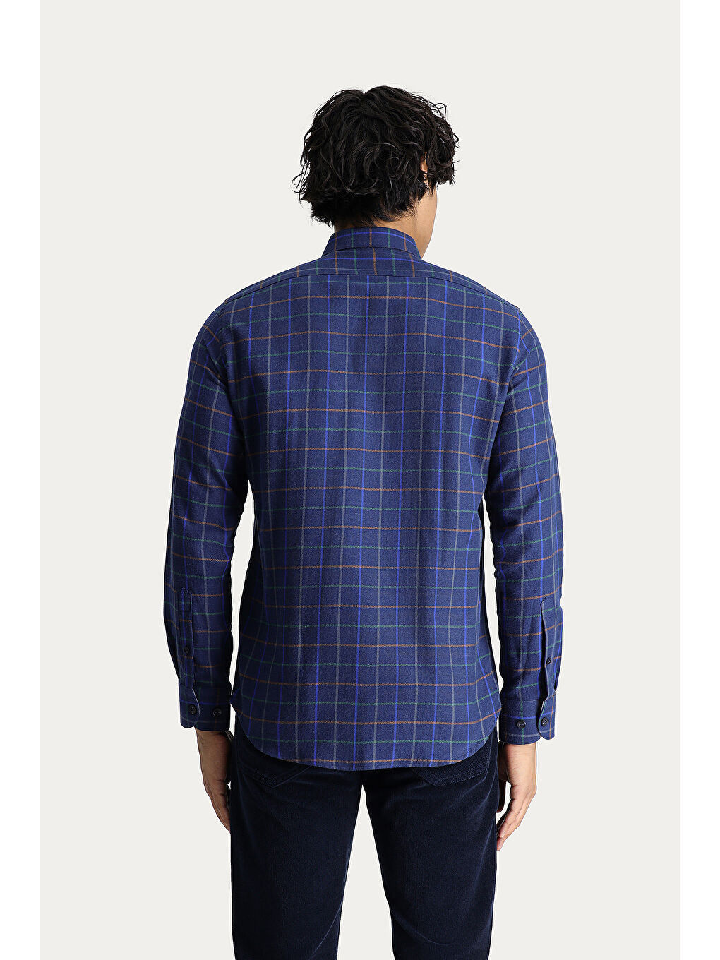 Lacivert Uzun Kol Slim Fit Dar Kesim Ekose Spor Pamuk Düğmeli Yaka %100 Pamuk Gömlek-3