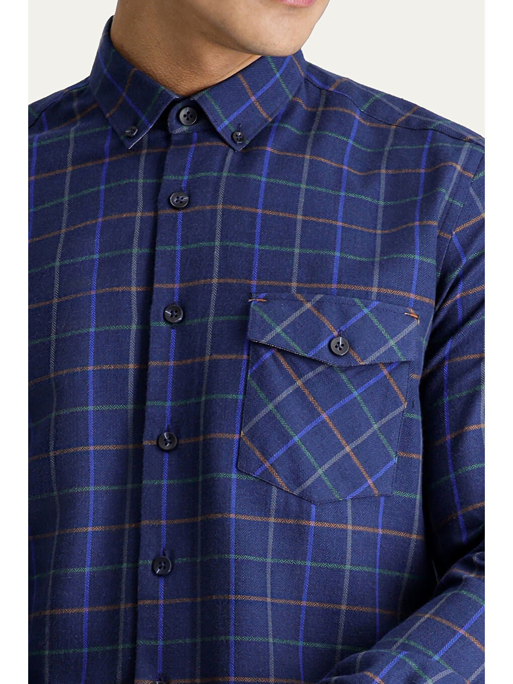 Lacivert Uzun Kol Slim Fit Dar Kesim Ekose Spor Pamuk Düğmeli Yaka %100 Pamuk Gömlek-4