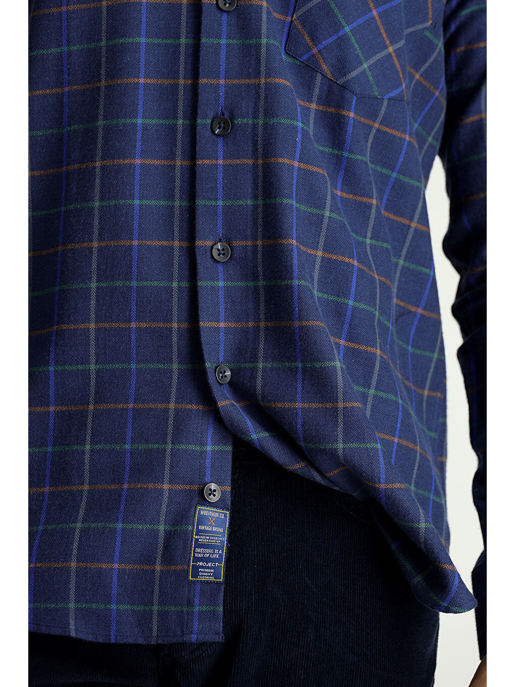 Lacivert Uzun Kol Slim Fit Dar Kesim Ekose Spor Pamuk Düğmeli Yaka %100 Pamuk Gömlek-5