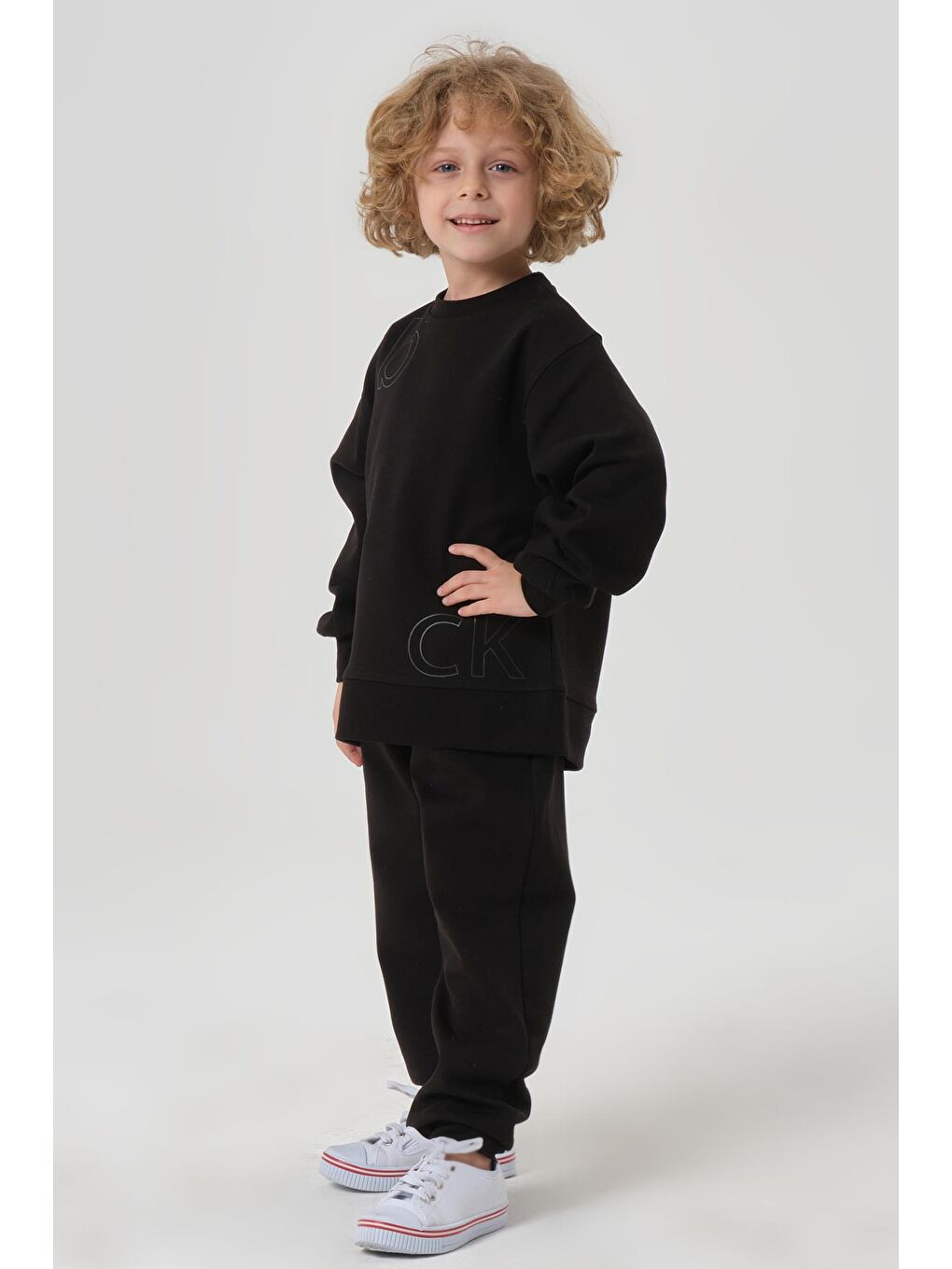 Gri Bisiklet Yaka Çelikli İnterlok Kumaştan Baskı Detaylı Erkek Çocuk Eşofman Takımı-2