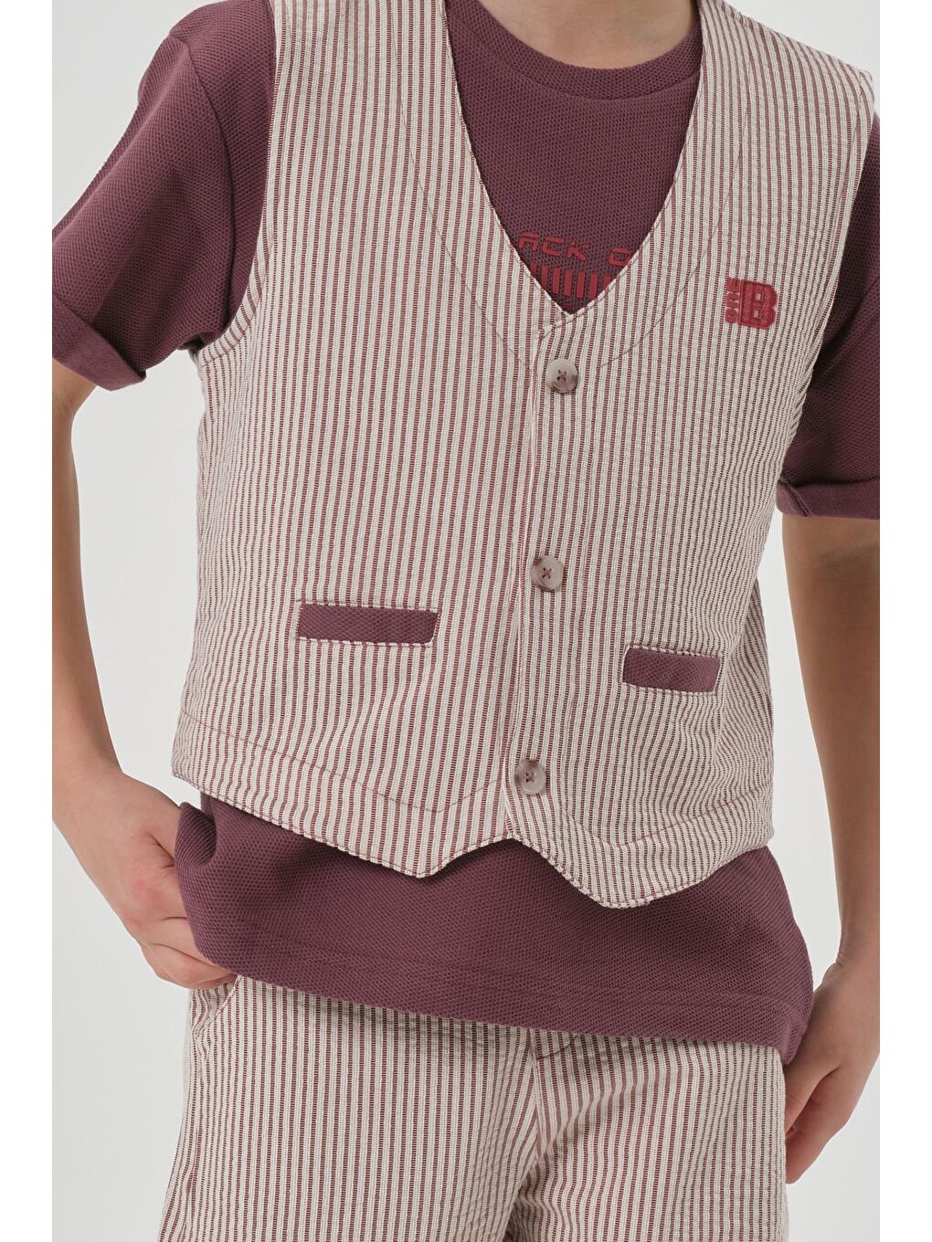 Bordo Petek Kumaştan Baskı Detaylı Erkek Çocuk Alt Şort Üst Bisiklet Yaka T-shırt Yelek Takımı-3