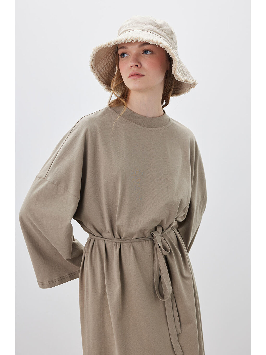 Bej Oversize Uzun Rahat Elbise Vizon-2