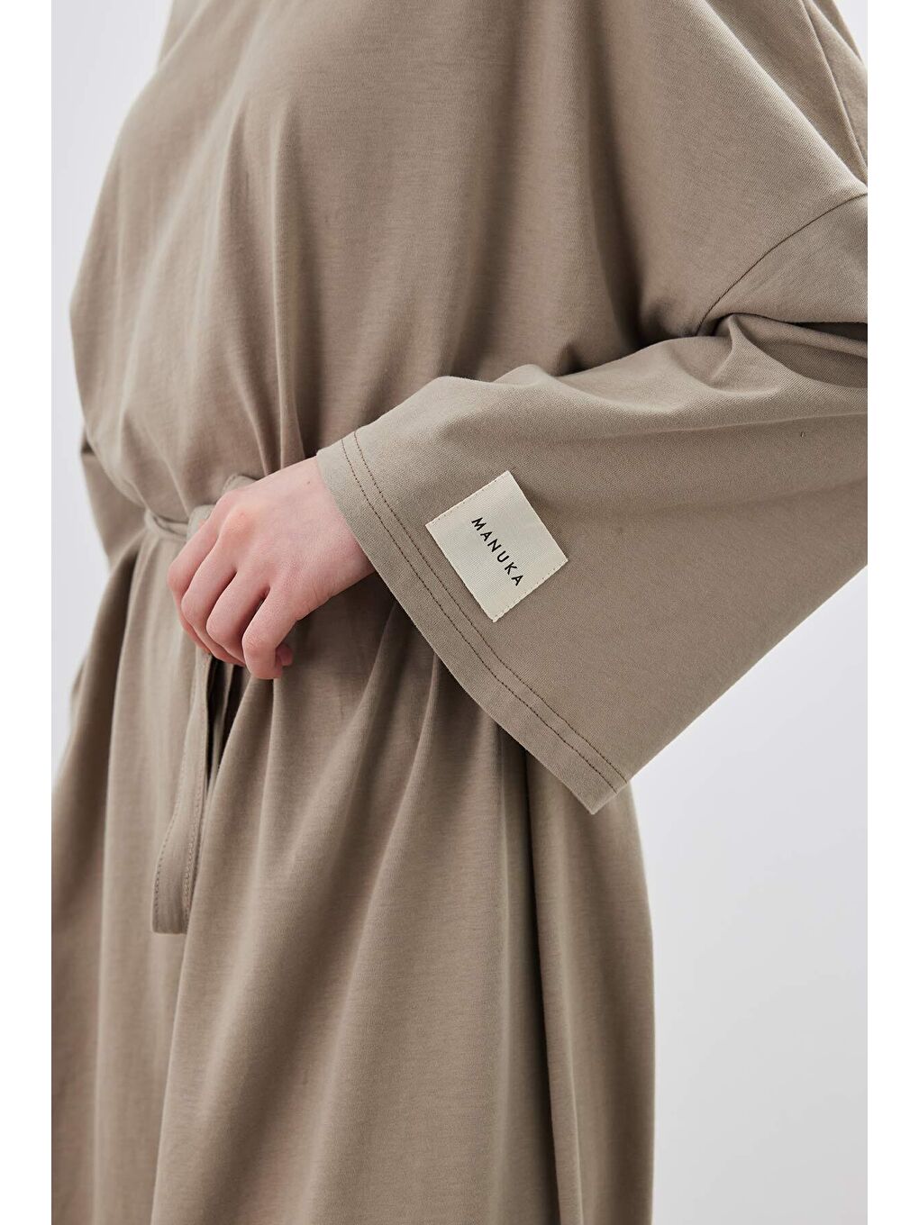 Bej Oversize Uzun Rahat Elbise Vizon-3