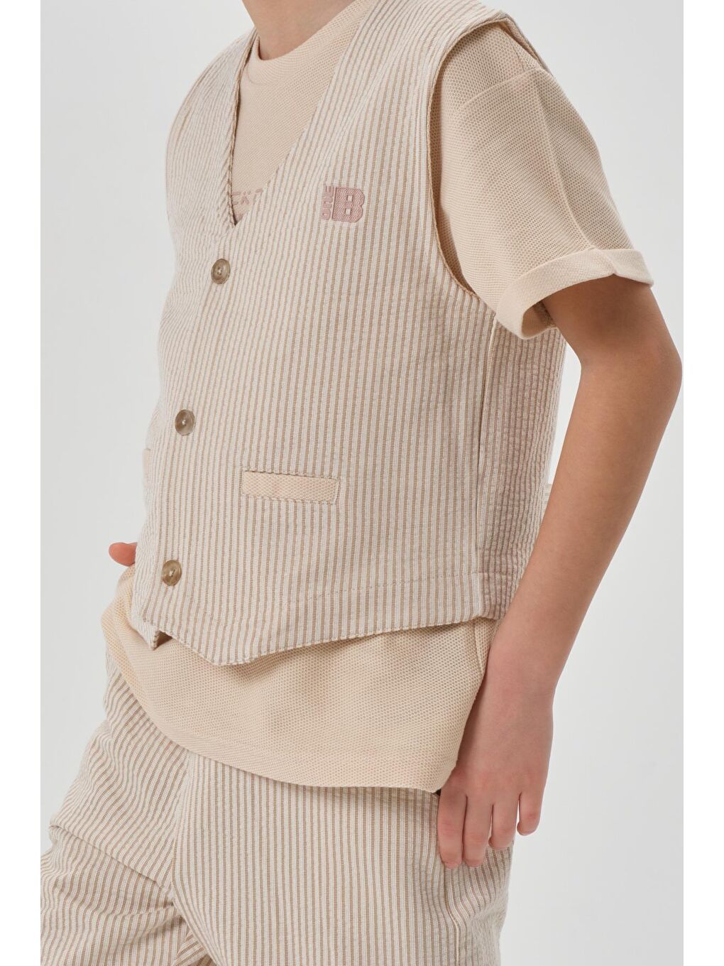 Bej Petek Kumaştan Baskı Detaylı Erkek Çocuk Alt Şort Üst Bisiklet Yaka T-shırt Yelek Takımı-2