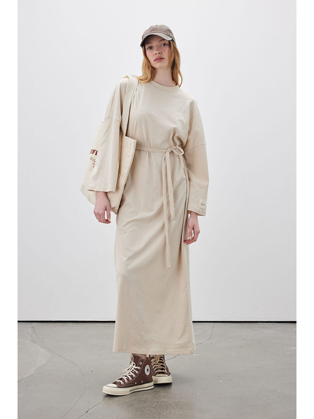 Oversize Uzun Rahat Elbise Bej-1