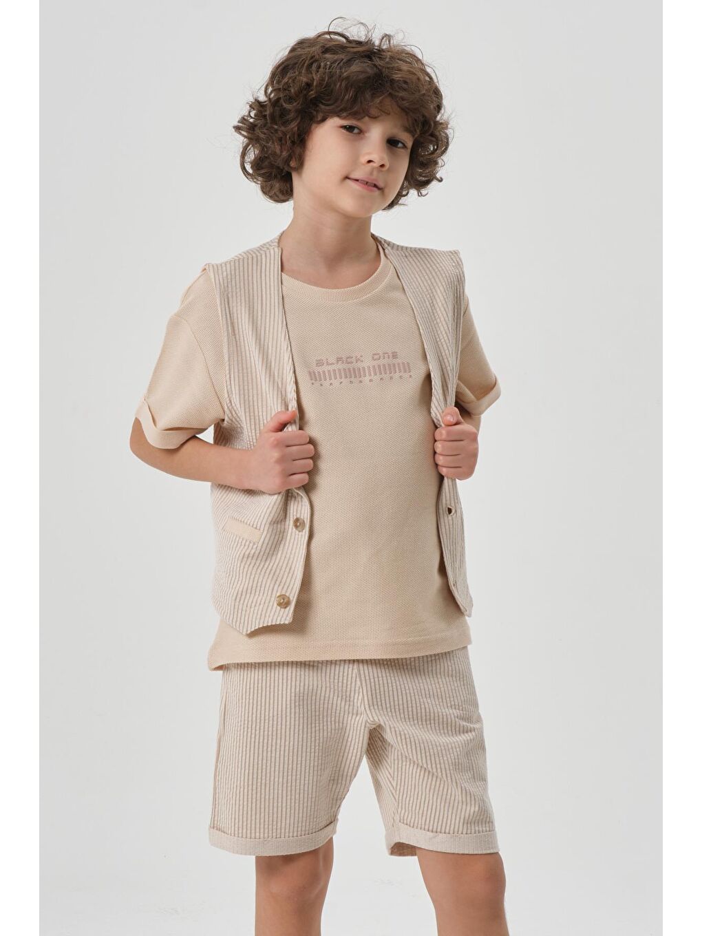 Bej Petek Kumaştan Baskı Detaylı Erkek Çocuk Alt Şort Üst Bisiklet Yaka T-shırt Yelek Takımı-3
