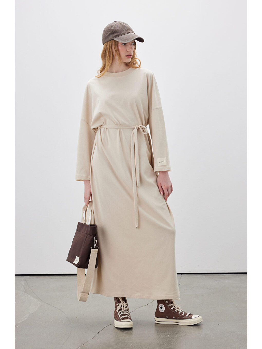Oversize Uzun Rahat Elbise Bej-3
