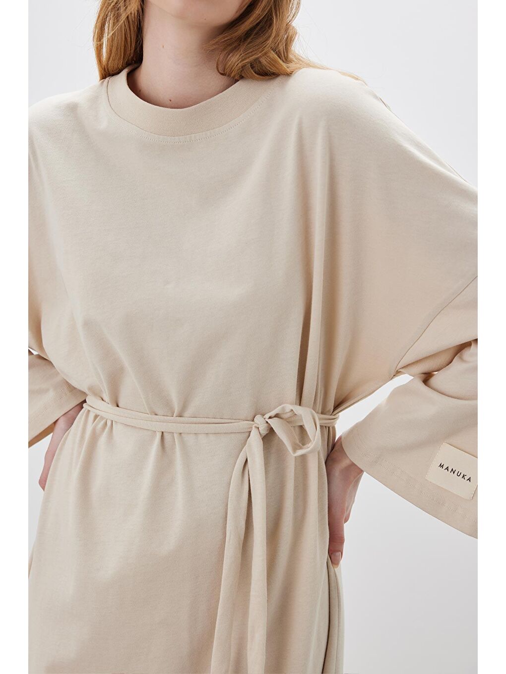Oversize Uzun Rahat Elbise Bej-4