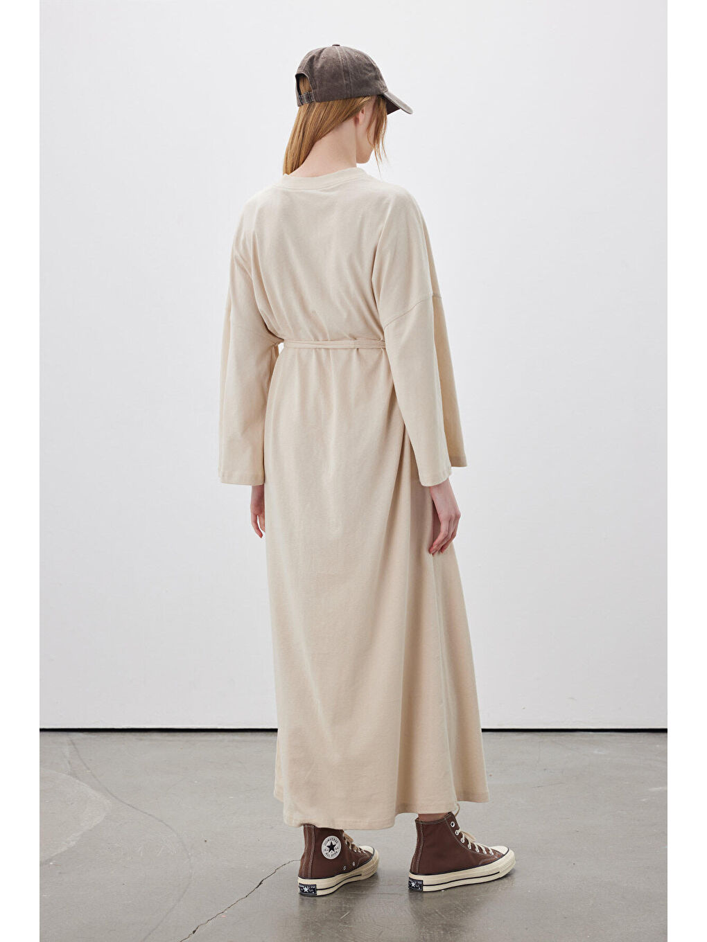 Oversize Uzun Rahat Elbise Bej-5