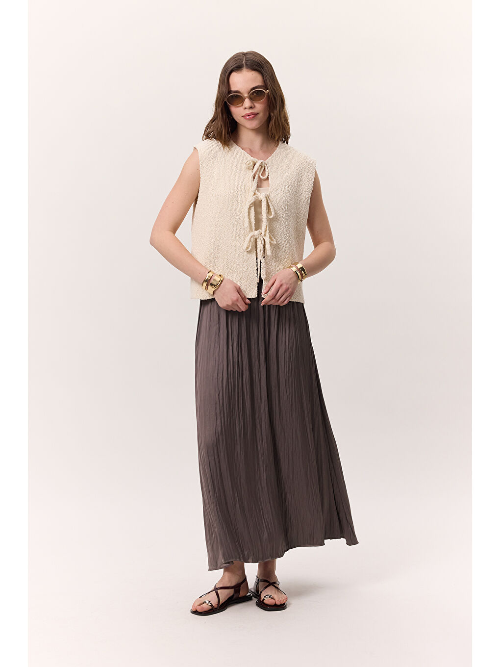 Bej Bağcıklı Triko Yelek Vanilya-3