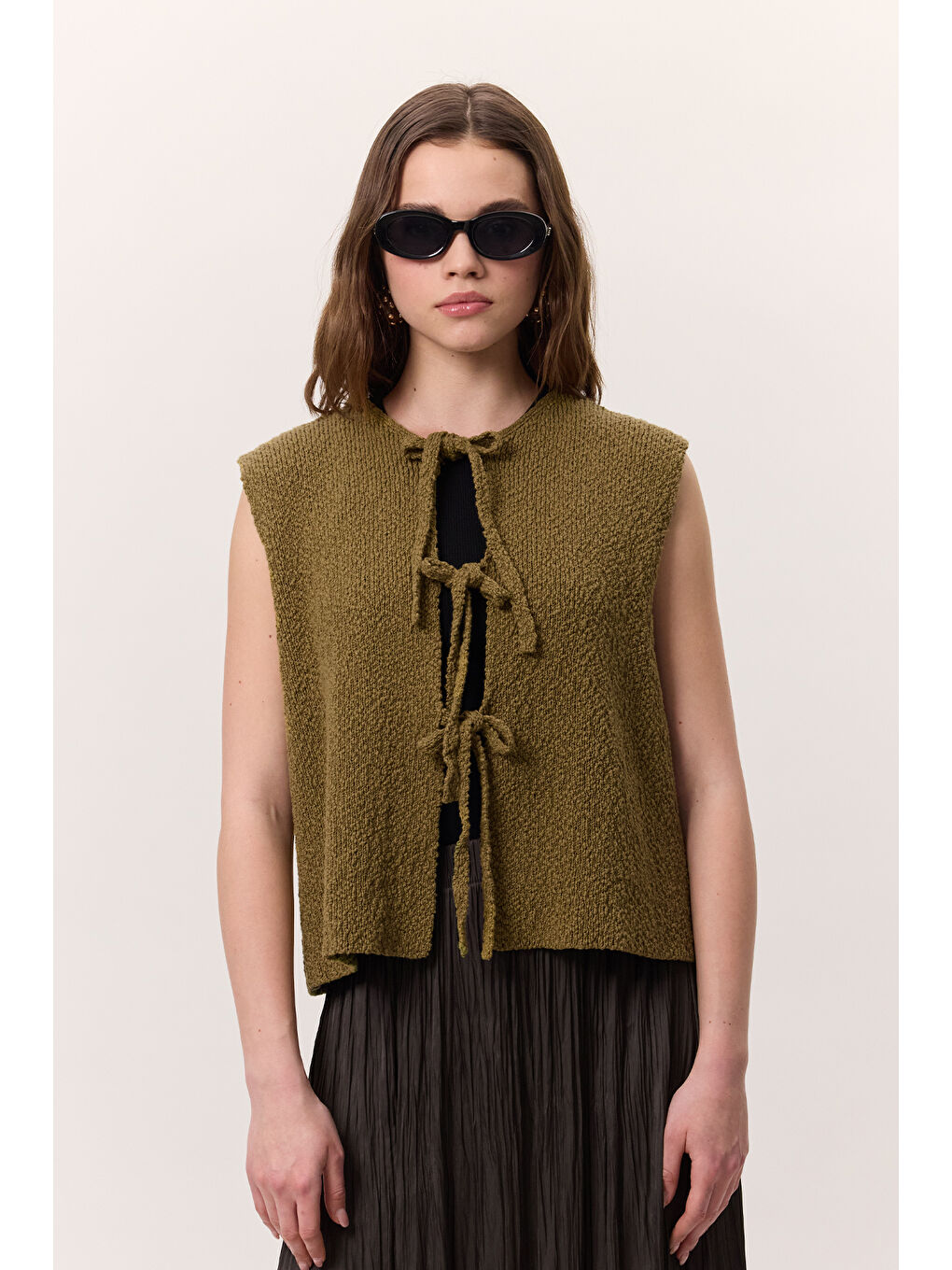 Bağcıklı Triko Yelek Yeşil-1