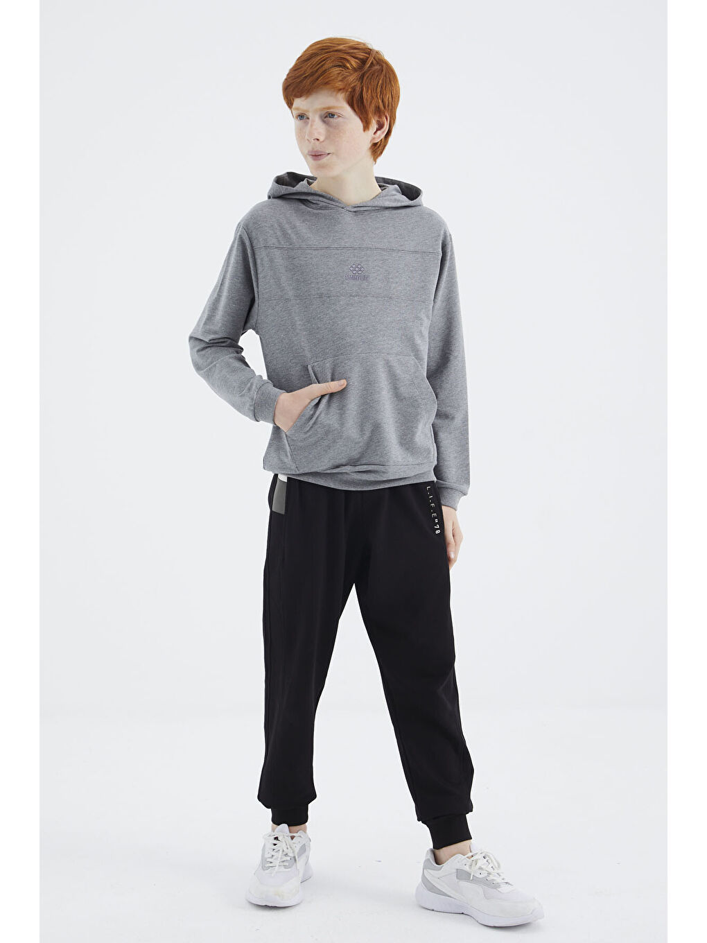 Gri Melanj Kapüşonlu Basic Erkek Çocuk Sweatshirt   11181-1