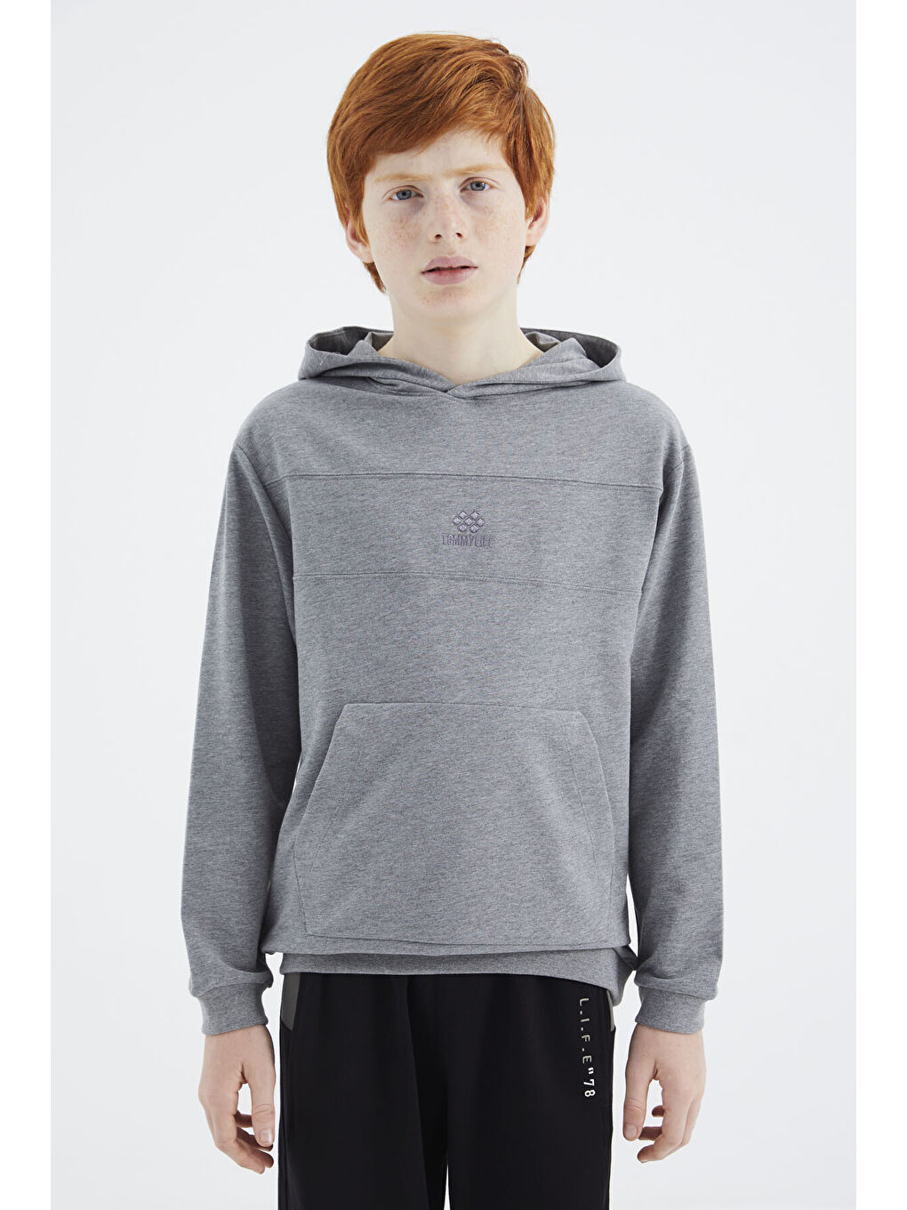 Gri Melanj Kapüşonlu Basic Erkek Çocuk Sweatshirt   11181-3