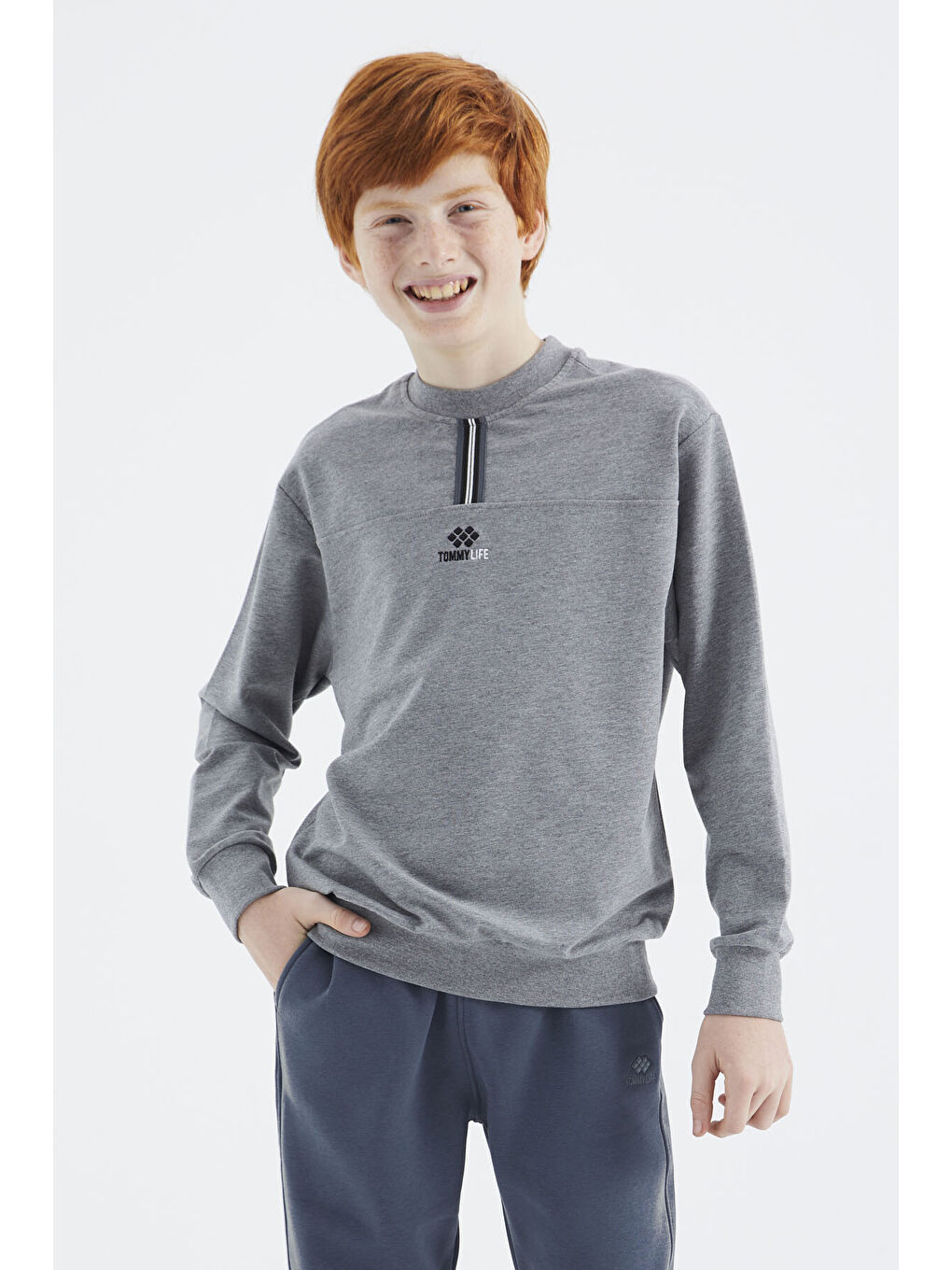 Gri Melanj O Yaka Erkek Çocuk Sweatshirt - 11178