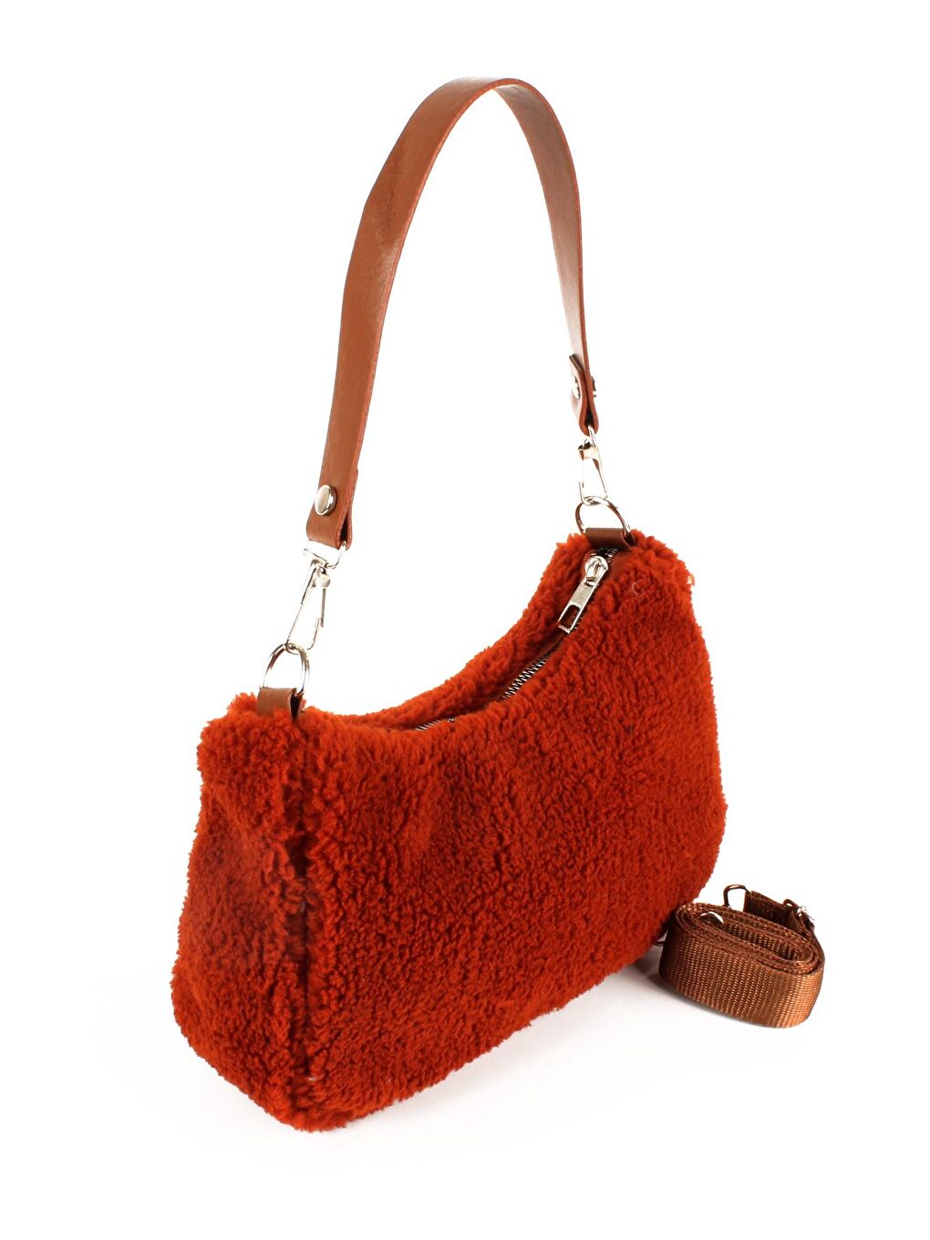 Kahverengi Kadın Çift Askılı Suni Kürklü-Peluş Baget Omuz Çantası (10716)