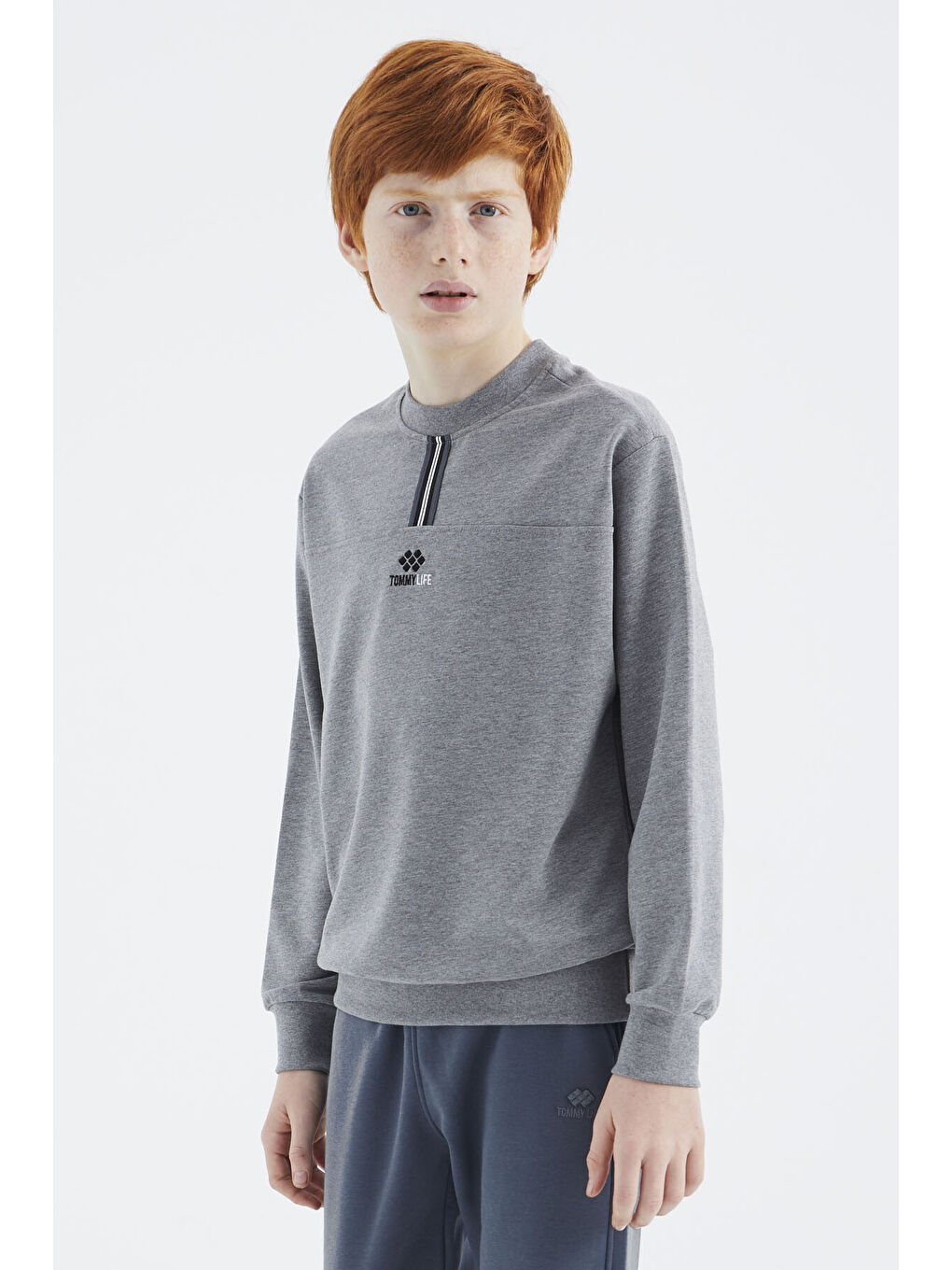 Gri Melanj O Yaka Erkek Çocuk Sweatshirt - 11178-3