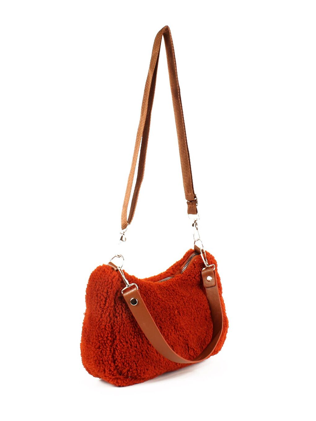 Kahverengi Kadın Çift Askılı Suni Kürklü-Peluş Baget Omuz Çantası (10716)-1