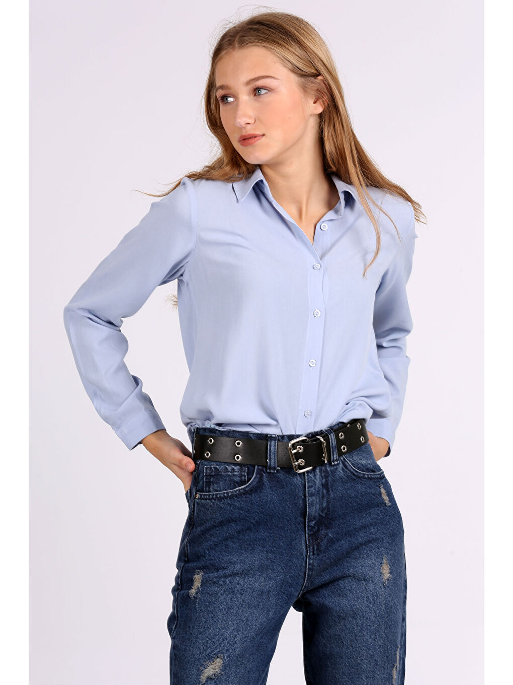 3785 Viskon Gömlek - Açık Mavi-2