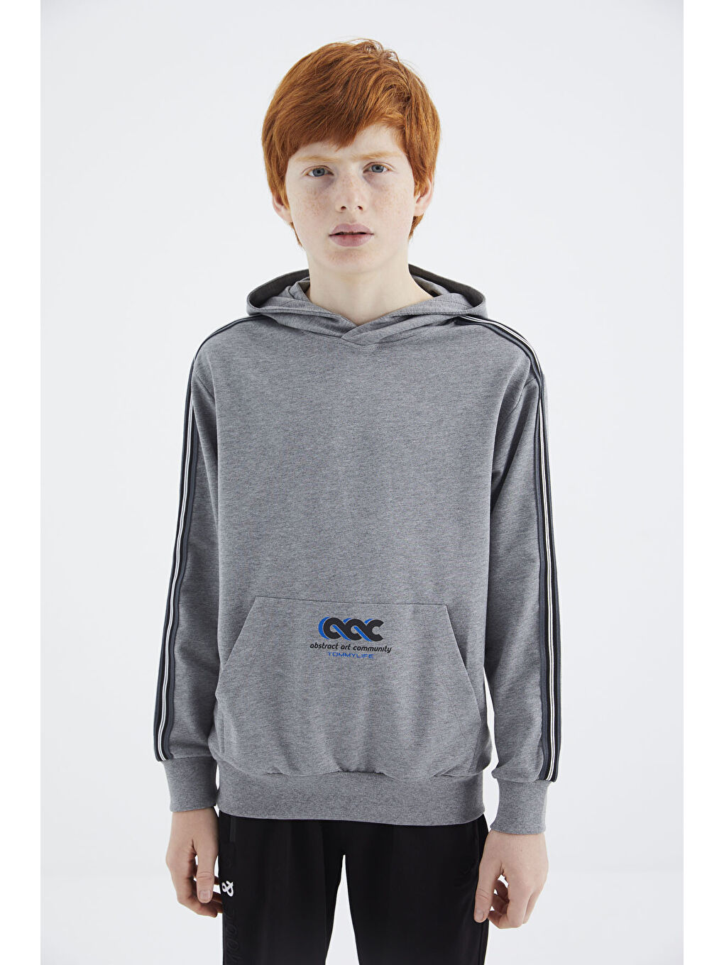 Gri Melanj Kanguru Cepli Erkek Çocuk Sweatshirt - 11176-1