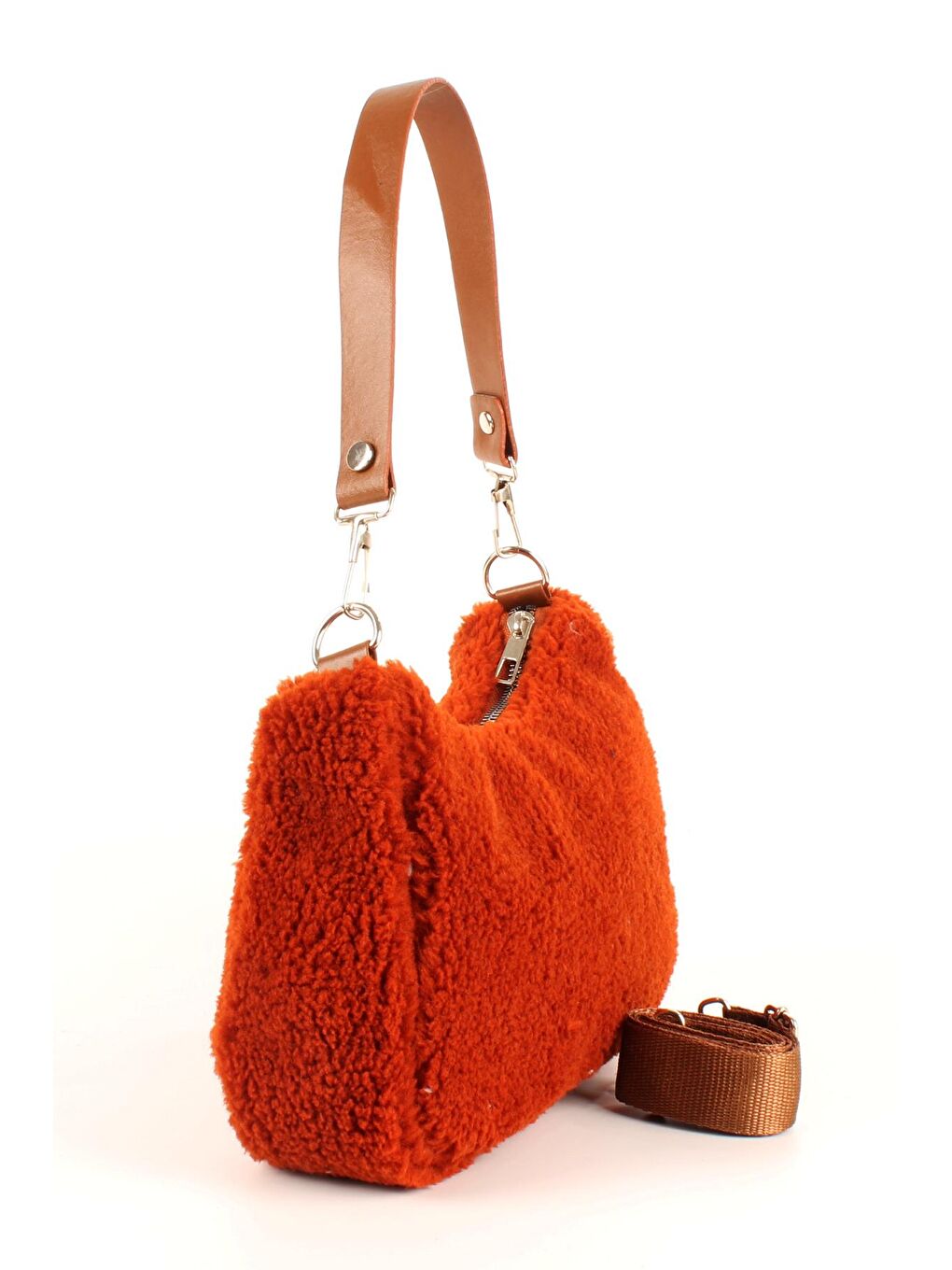 Kahverengi Kadın Çift Askılı Suni Kürklü-Peluş Baget Omuz Çantası (10716)-2