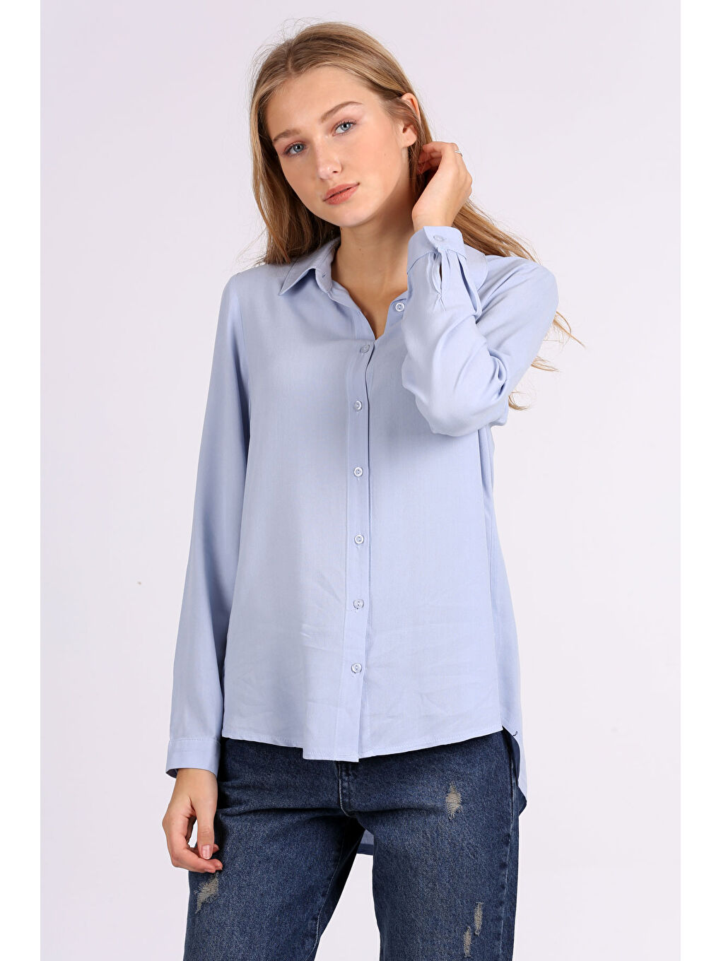 3785 Viskon Gömlek - Açık Mavi-3