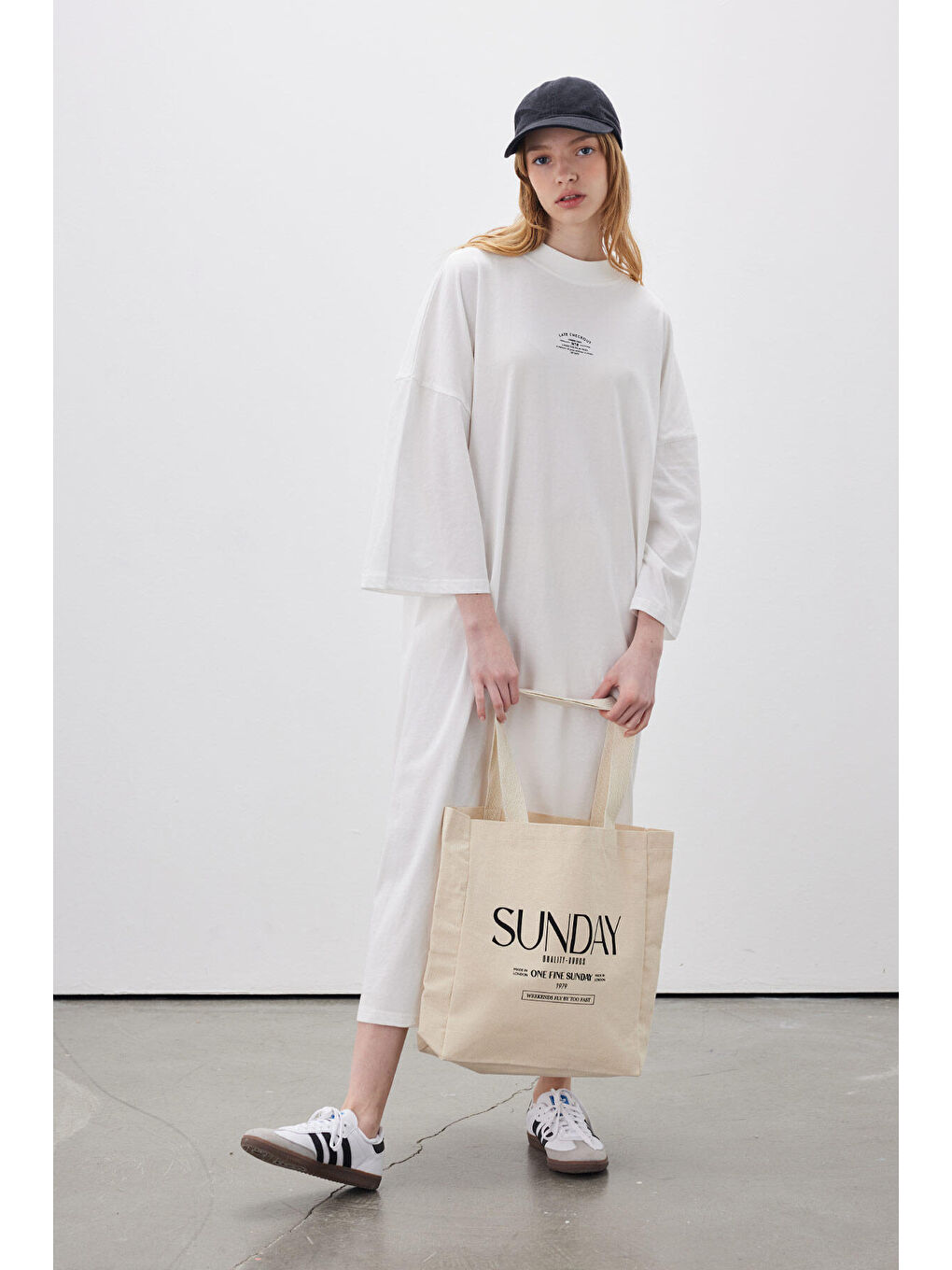 Oversize Uzun Rahat Elbise Ekru-3