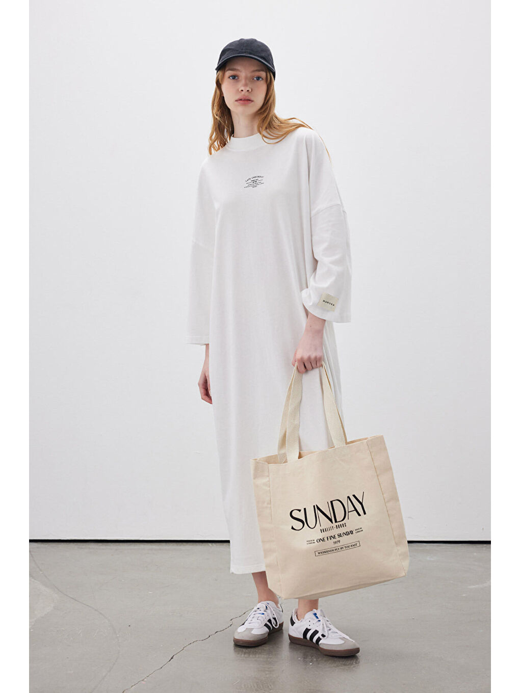 Oversize Uzun Rahat Elbise Ekru-4