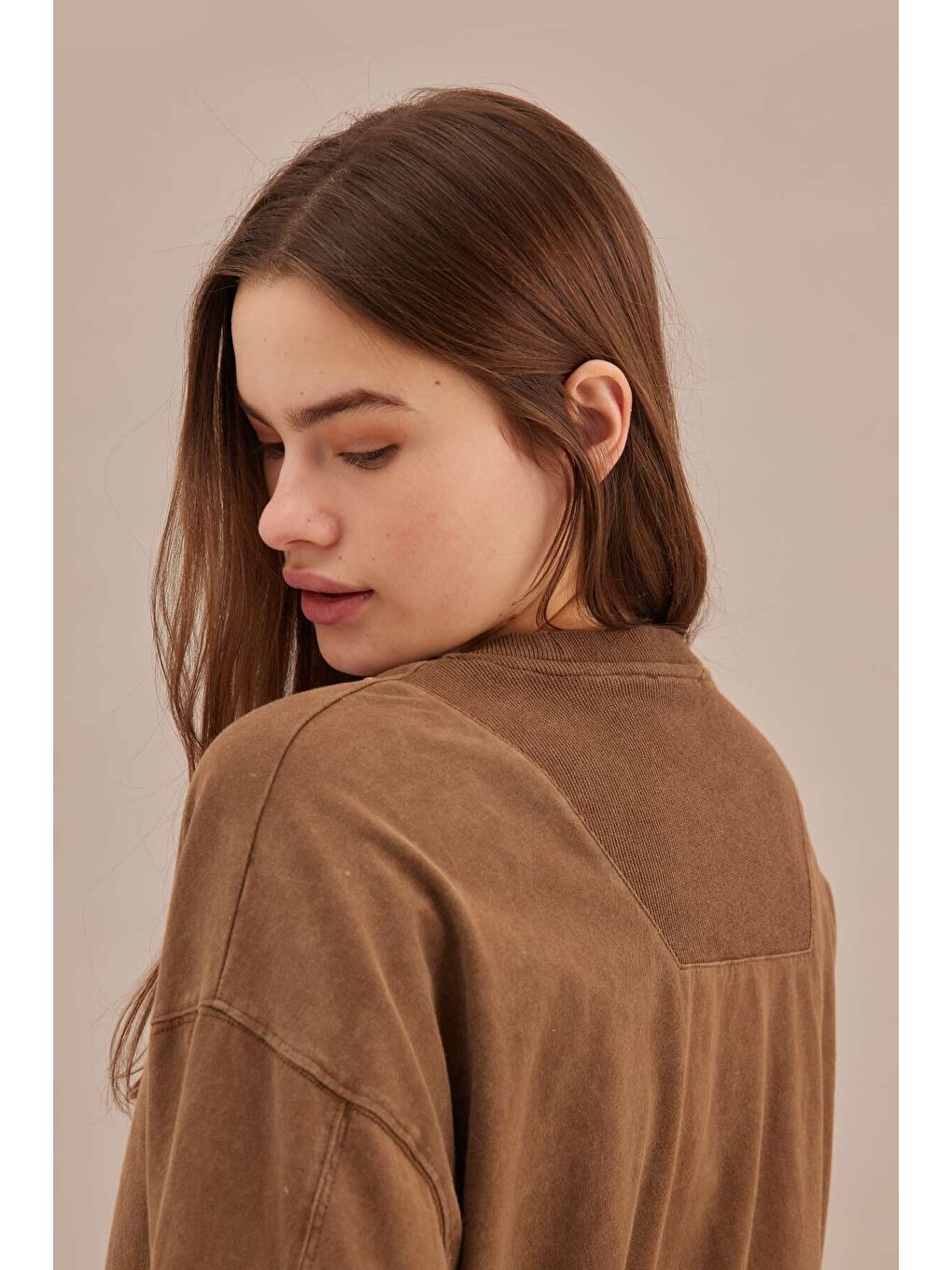 Soluk Efektli Oversize Sweatshırt Kahverengi